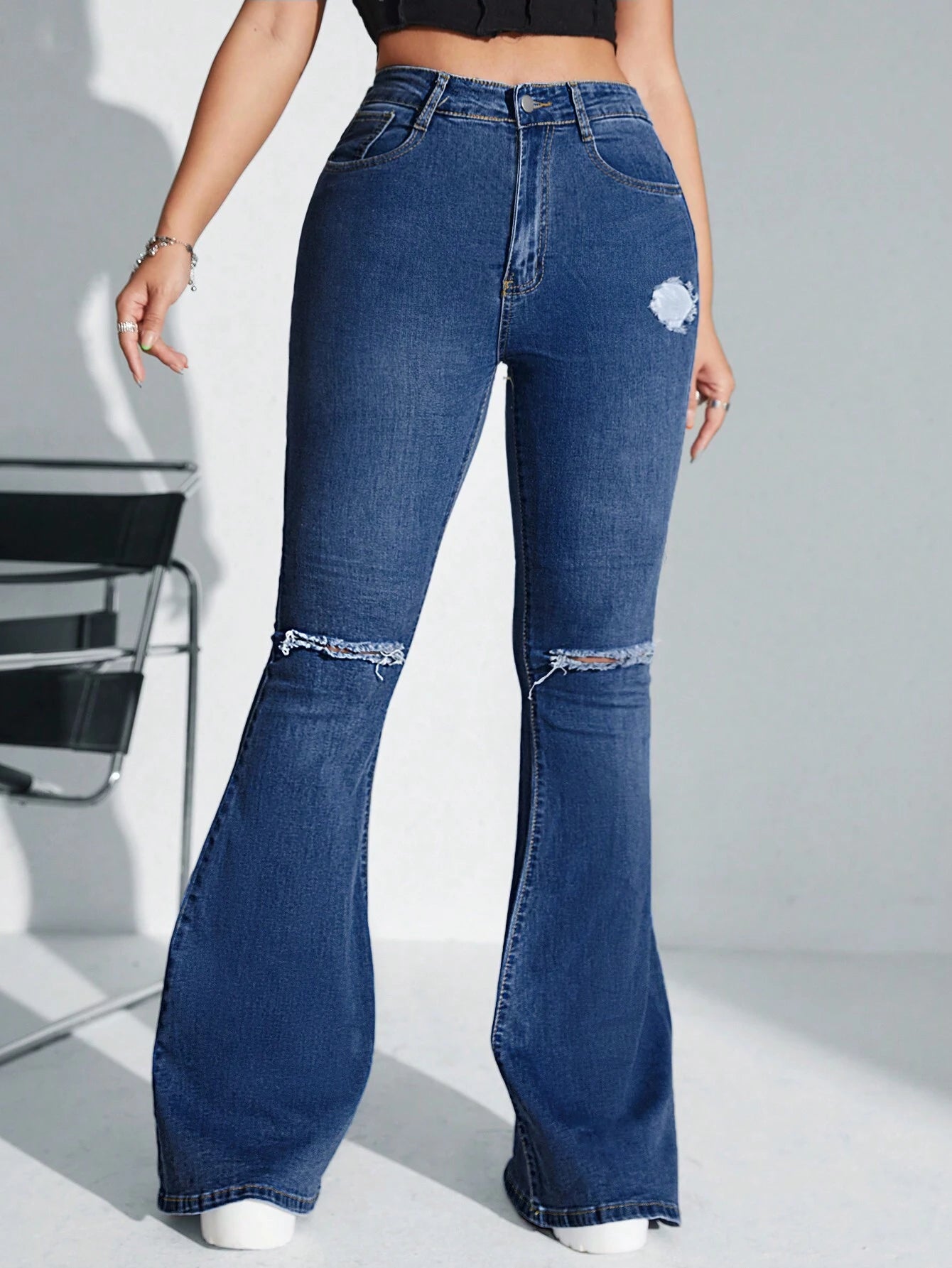 SHEIN SXY High-Waisted Ripped Flare Leg Jeans