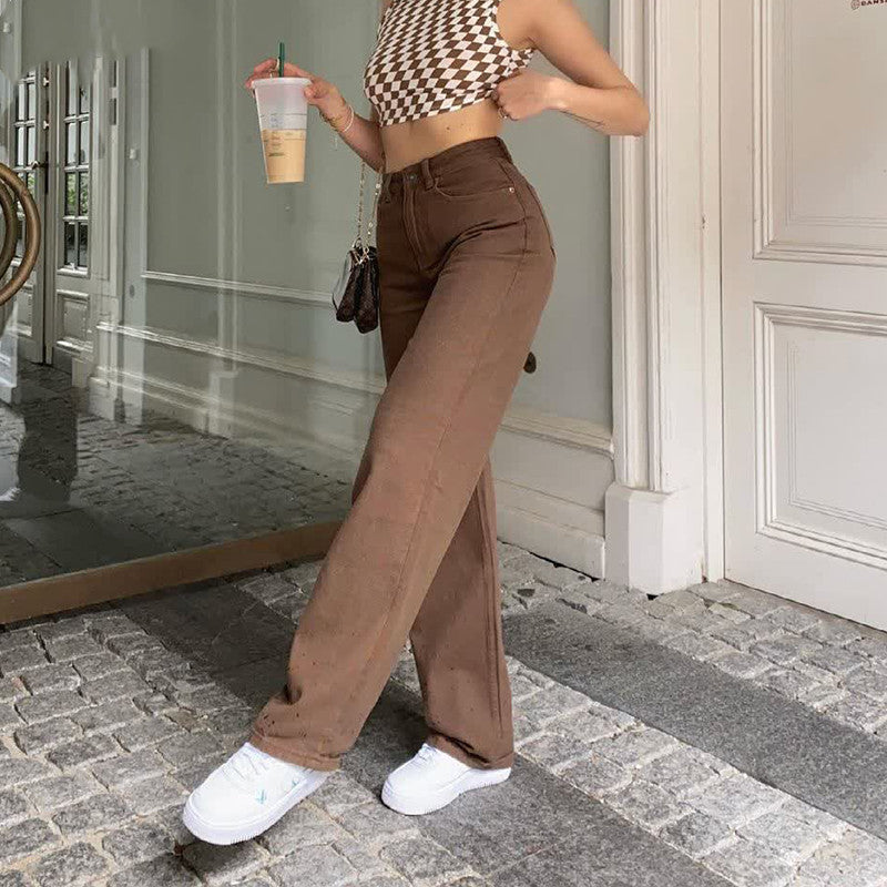 Retro Brown Jeans – High Waist Straight Leg Denim Pants