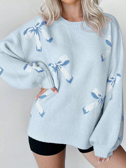 Lazy Style Bow Jacquard Sweater - Loose Pullover for Women - ChicVix