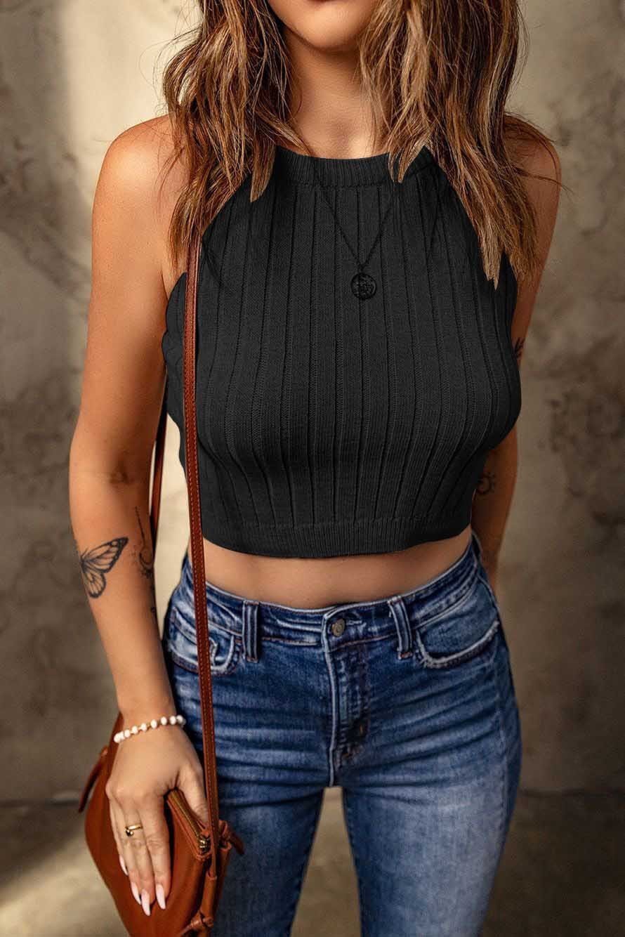 Women's Pure Color Halter Knitted Vest Slim Top - ChicVix