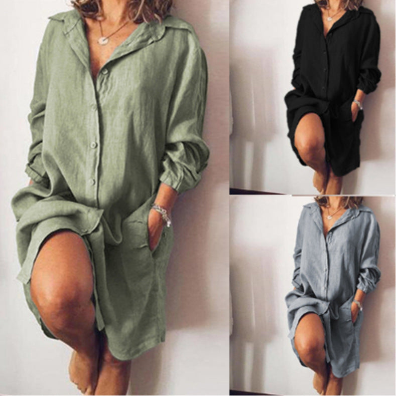 Loose Mid-Length Cotton and Linen Shirt Dress Cover-up Tunic