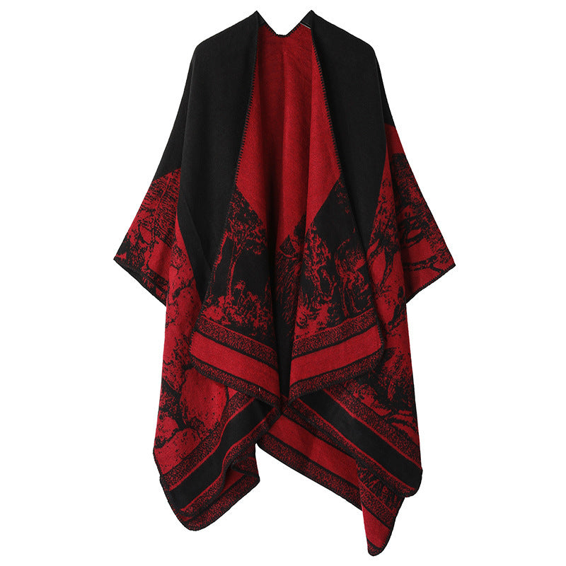 Women's Double-Sided Tassel Cloak Shawl – Classic Jacquard Graffiti Pattern, Hand-Painted Travel Cloak