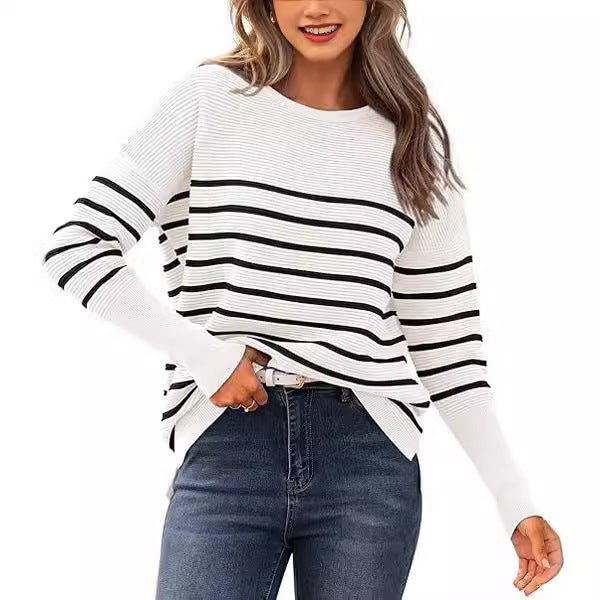 Casual Striped Round Neck Sweater for Autumn and Winter