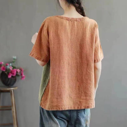 Cotton Linen Contrast Color T-shirt - ChicVix