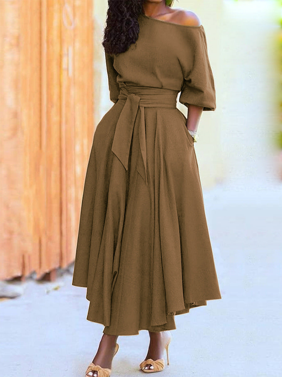 Elegant Slanted Shoulder Bodycon Tie-Waist Dress - Summer Solid Color