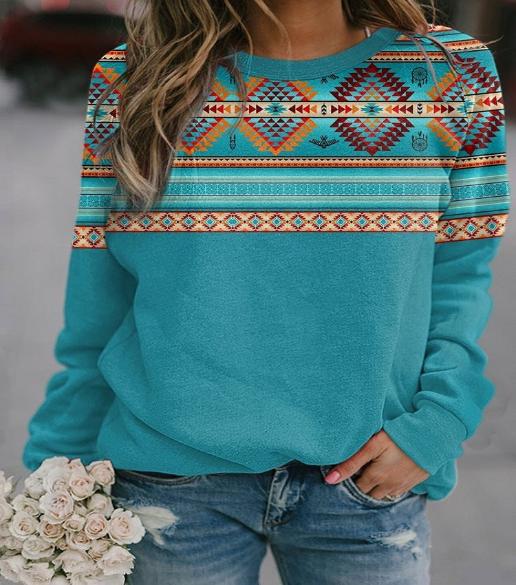 Retro Ethnic Geometric Print Women's Sweatshirt - Western Style Pullover