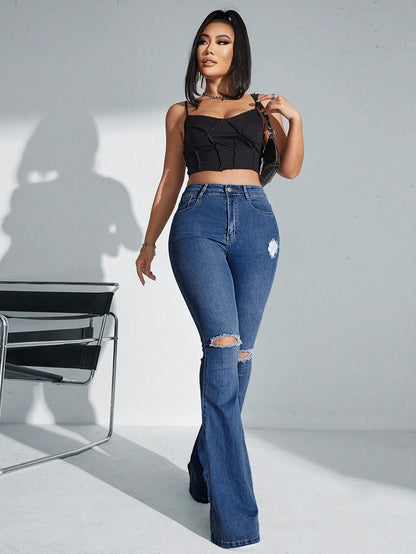 SHEIN SXY High-Waisted Ripped Flare Leg Jeans