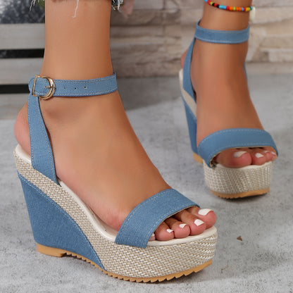 High Heel Denim Fabric Ankle-Strap Sandals for Women – Fish Mouth Open Toe Design