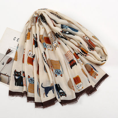 Cartoon Cat Print Long Scarf for Autumn and Winter – Stylish Versatile Warmth - ChicVix