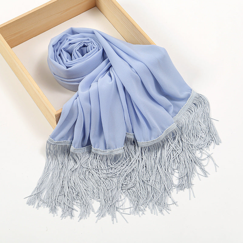 Pearl Chiffon Decorative Scarf with Long Fringe & Bubble Towel Texture – Elegant and Warm