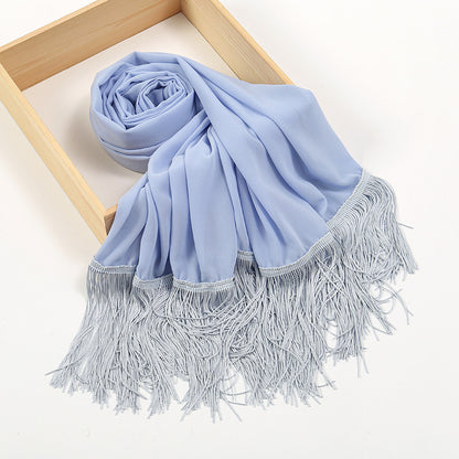 Pearl Chiffon Decorative Scarf with Long Fringe & Bubble Towel Texture – Elegant and Warm