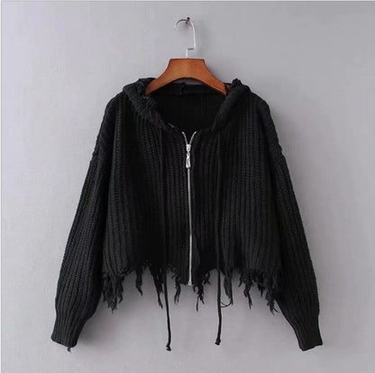 European and American Hooded Tassel Zipper Cardigan Sweater Coat - ChicVix