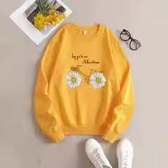 Women's Printed Crew Neck Sweatshirt in Yellow - ChicVix