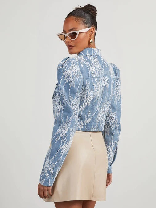 Floral Lace-Trimmed Loose Denim Jacket - ChicVix