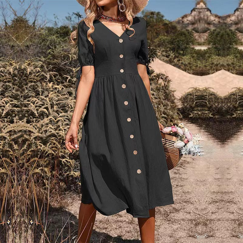 Summer Women's Cotton and Linen Midi Dress with V-neck and Princess Sleeves