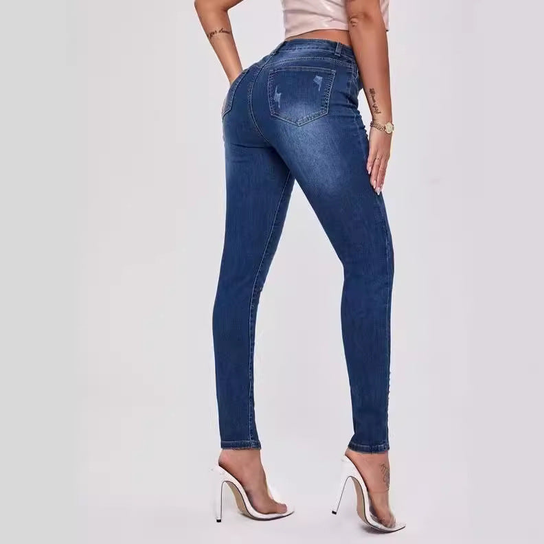 Women's Slim Fit Patchwork High Waist Stretch Jeans - ChicVix