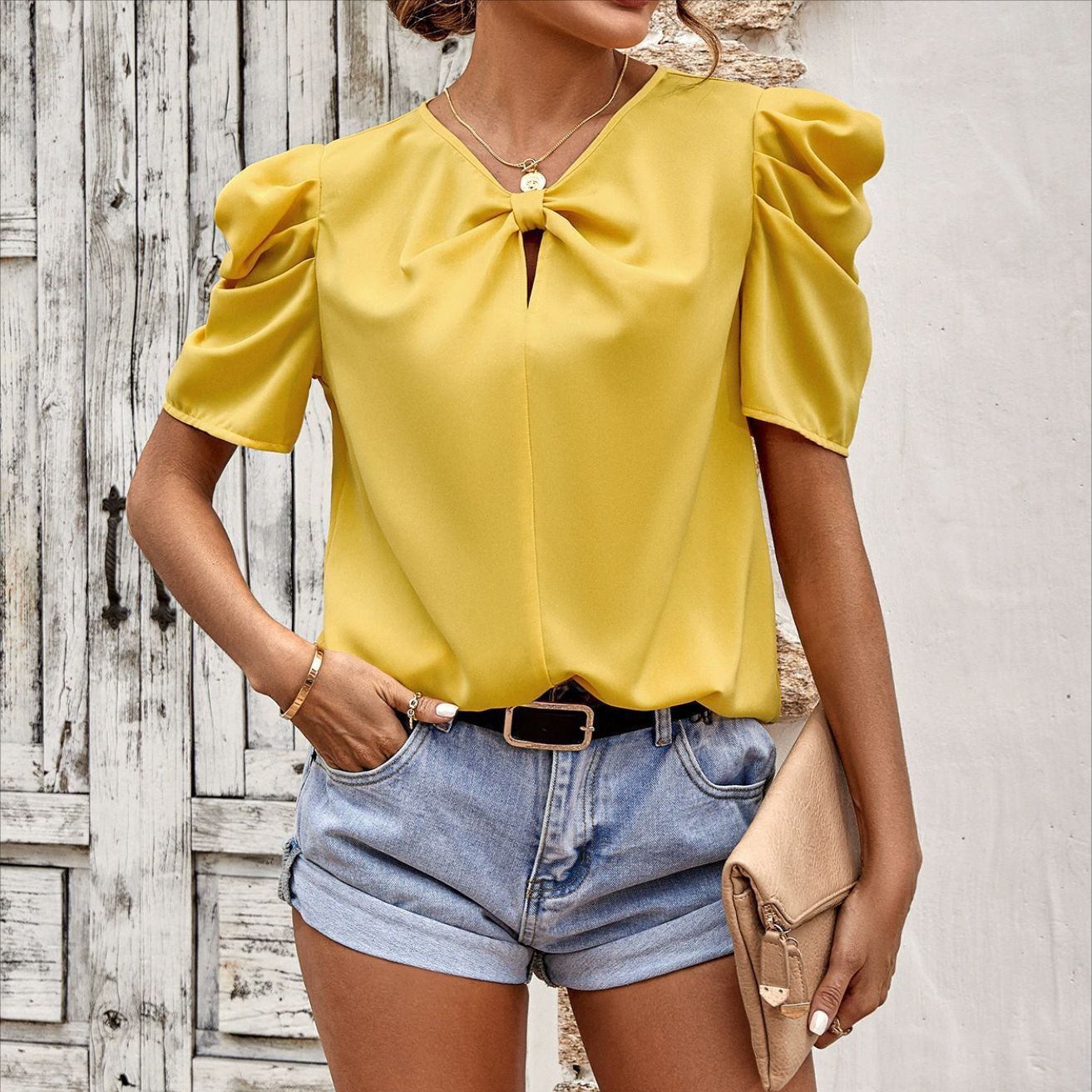 Solid Color Puff Sleeve V-Neck Slim-Fitting Shirt for Women - ChicVix