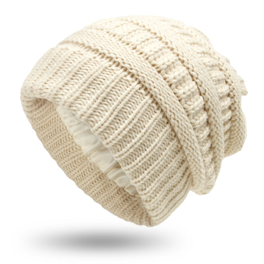 Warm Woolen Knit Satin Hat for Protective Hairstyles - ChicVix