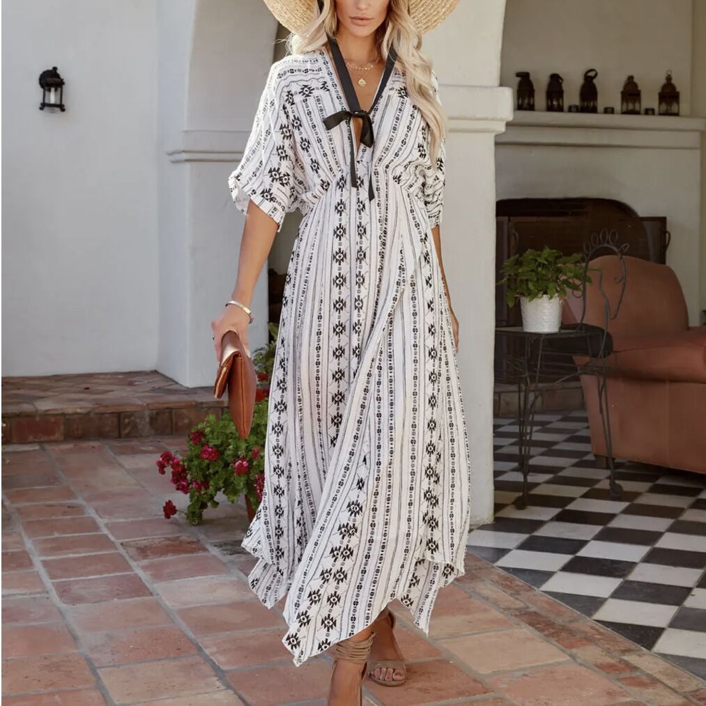 Women's Bohemian V-Neck Short Sleeve Maxi Dress - ChicVix