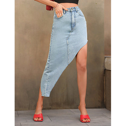 Women's High Waist Split Denim Skirt with Pockets - ChicVix