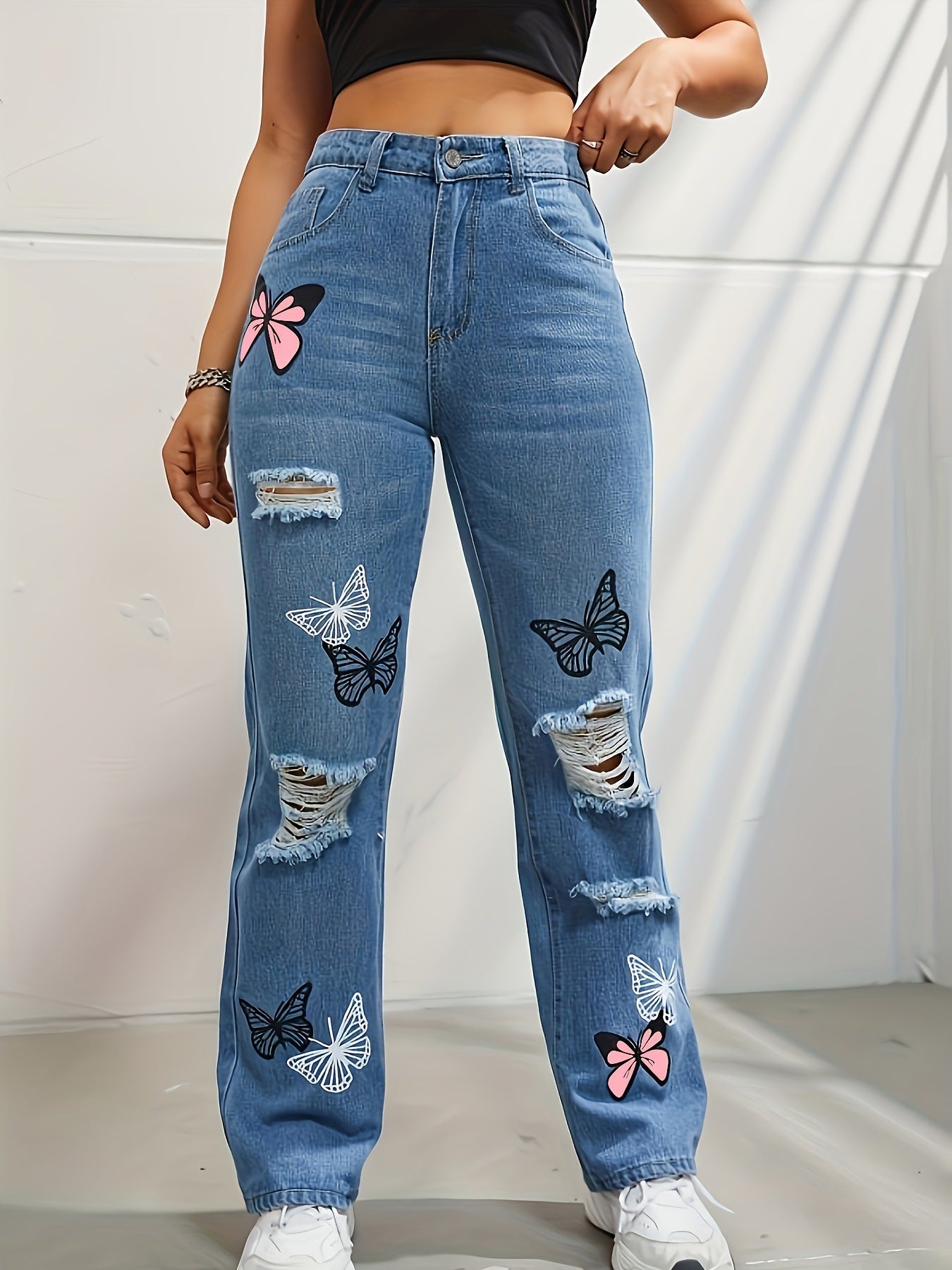 High Waisted Straight Leg Jeans for Women – Trendy Butterfly Print Ripped Distressed Denim Pants - ChicVix