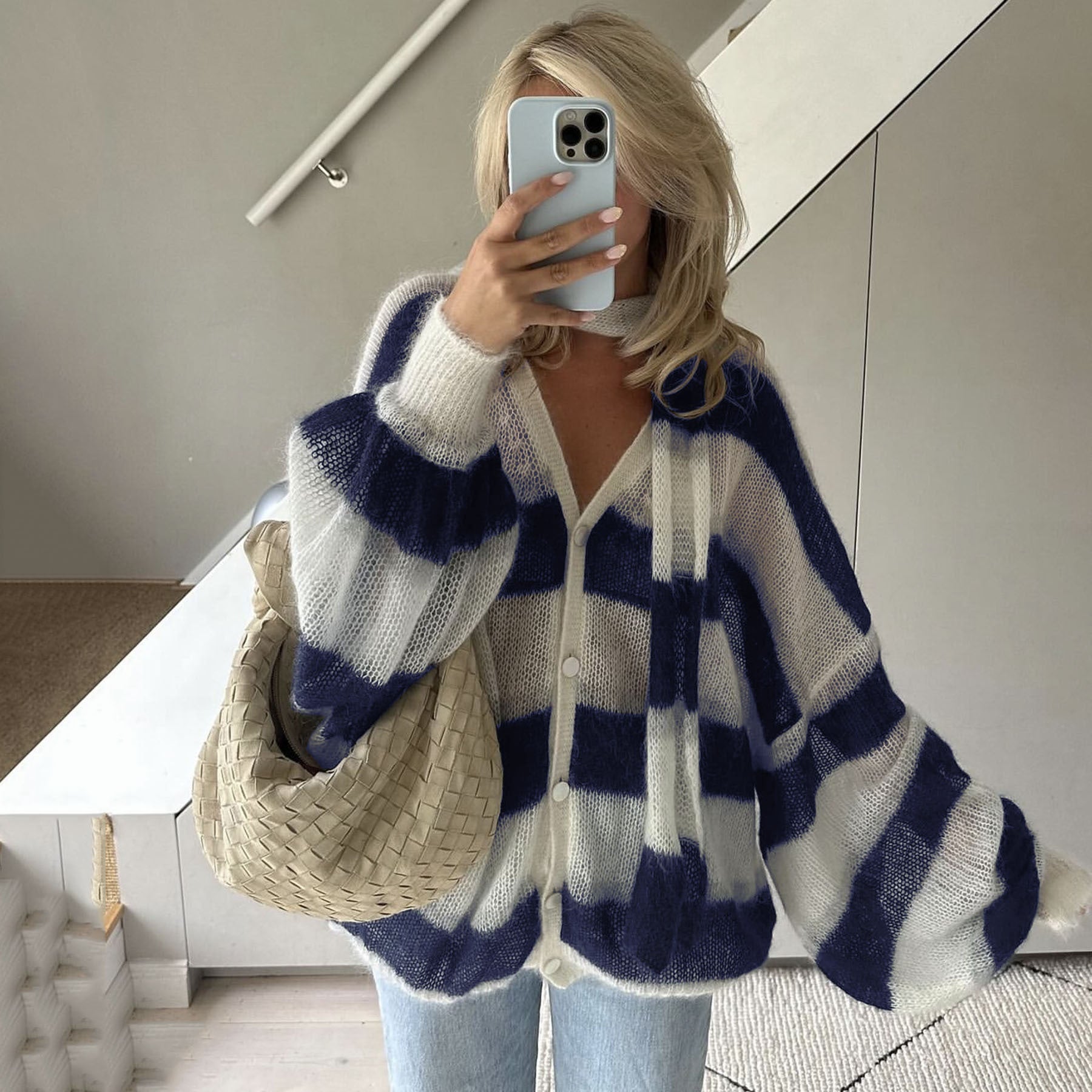 Chic Striped Sweater Cardigan with Scarf for Women