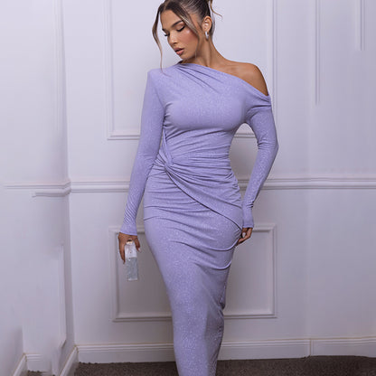 Oblique Shoulder Pleated Long Sleeve Dress for Women