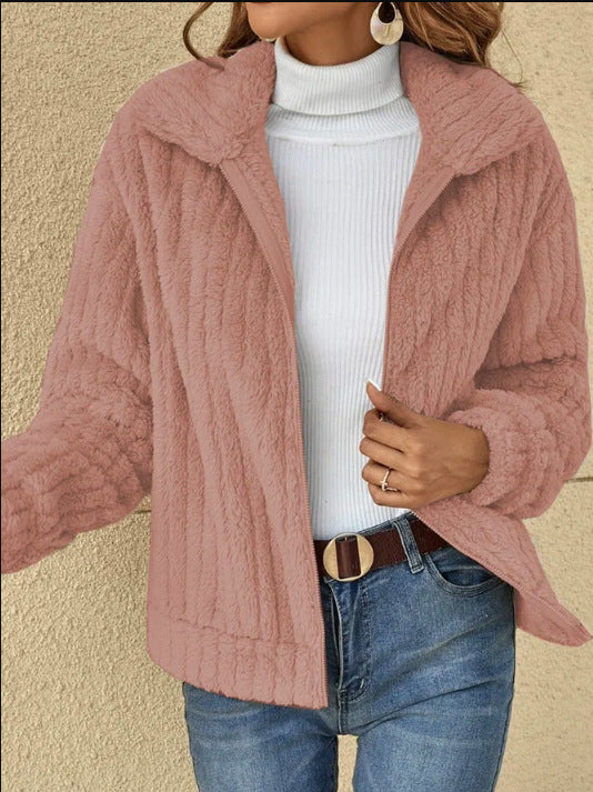 Women's Thick Fleece Lapel Cropped Jacket – Warm and Trendy Outerwear