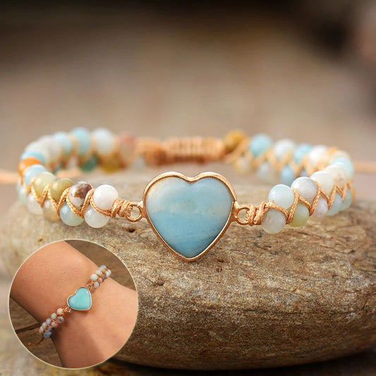 Classic Heart Shape Charm Bracelet - Amazonite String Braided Macrame Wristband for Teen Girls and Women - ChicVix