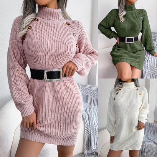 Winter Turtleneck Long Sweater Dress with Button Detail and Clinch Waist