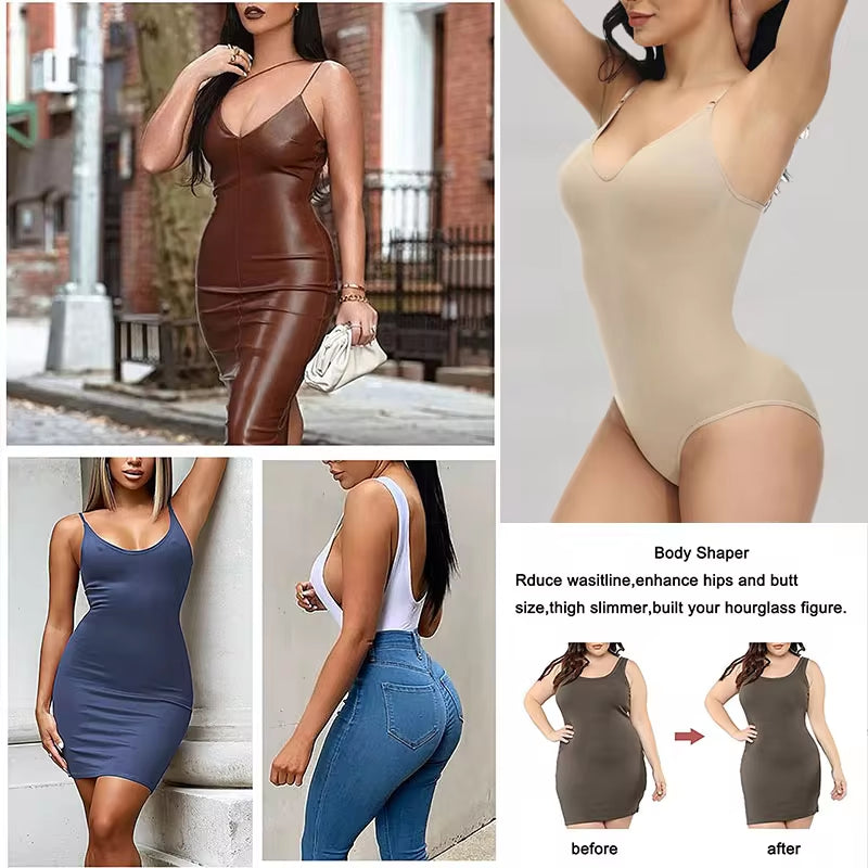 V-Neck Spaghetti Strap Compression Bodysuit with Open Crotch Shapewear for Slimming and Smoothing