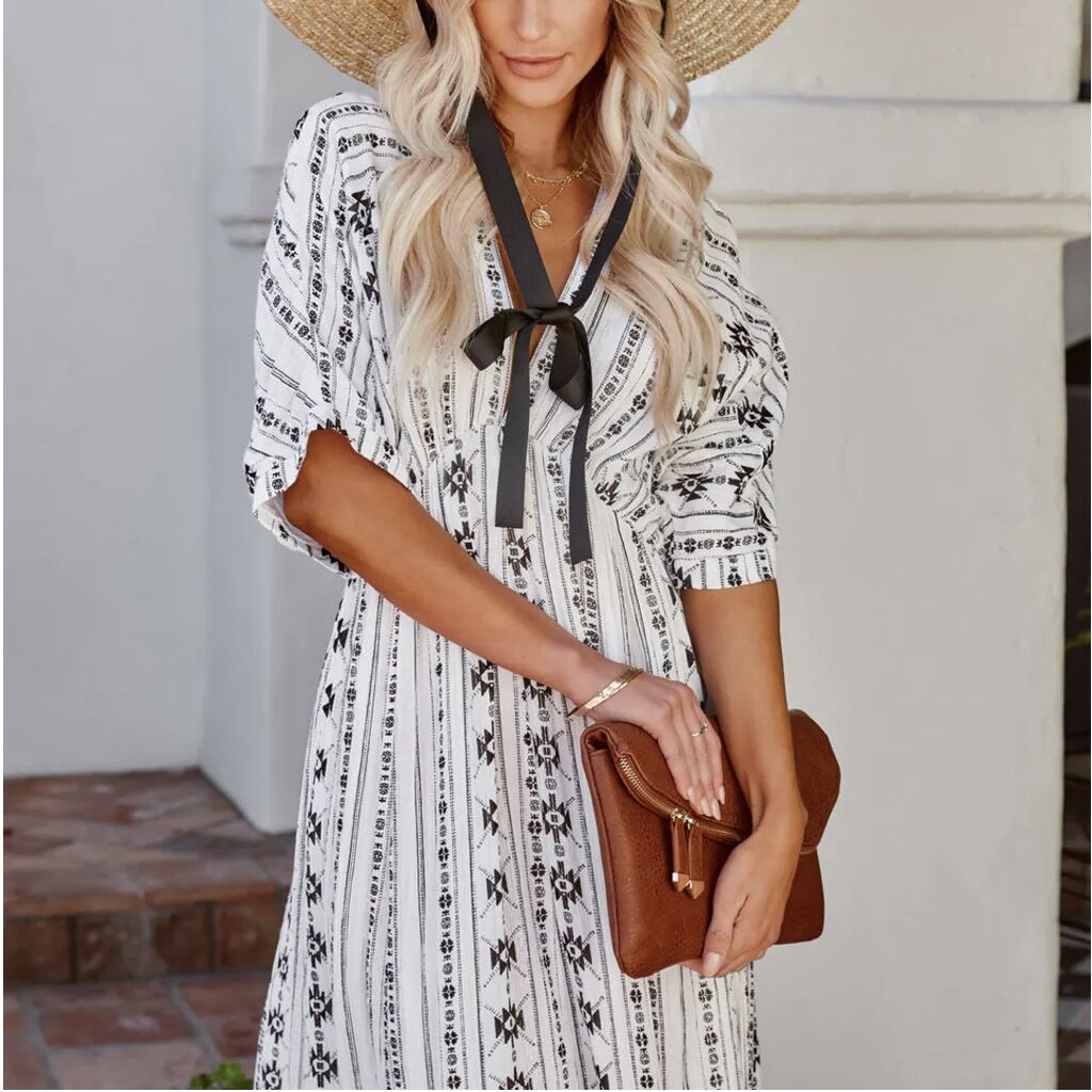 Women's Bohemian V-Neck Short Sleeve Maxi Dress - ChicVix