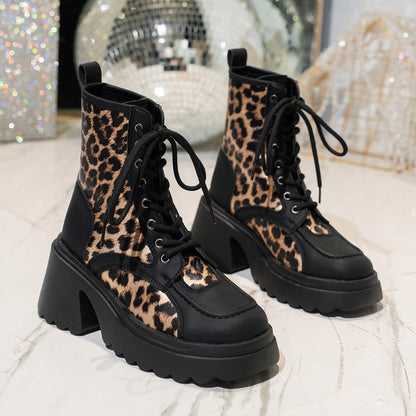 Leopard Print Chunky Heel Booties Female Lace-up Platform British - ChicVix