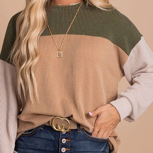 Casual Color-Block Long Sleeve Top - European & American Fashion