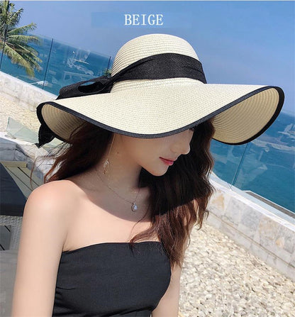 Women’s Casual Straw Sun Hat with Bow - Foldable Floppy Hat - ChicVix