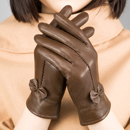 Autumn and Winter Sheepskin Leather Gloves for Women - Cute Bow Design, Velvet Lined