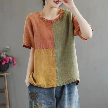 Cotton Linen Contrast Color T-shirt - ChicVix