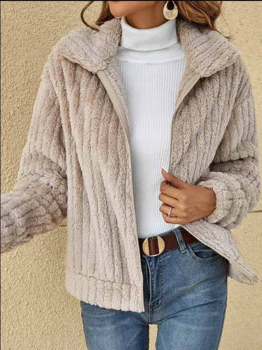 Women's Thick Fleece Lapel Cropped Jacket – Warm and Trendy Outerwear