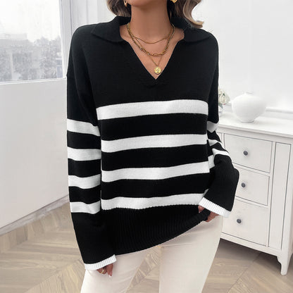 Women's Loose Striped Contrast Color Lapel Sweater