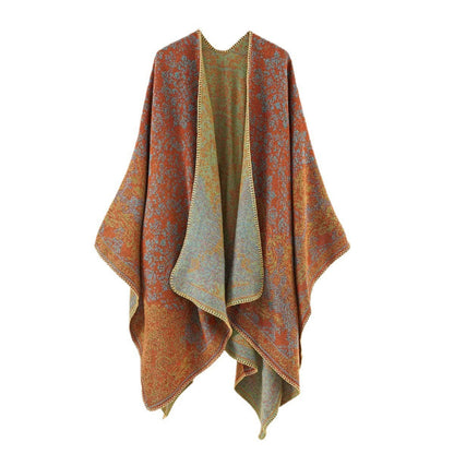 Women's Double-Sided Tassel Cloak Shawl – Classic Jacquard Graffiti Pattern, Hand-Painted Travel Cloak