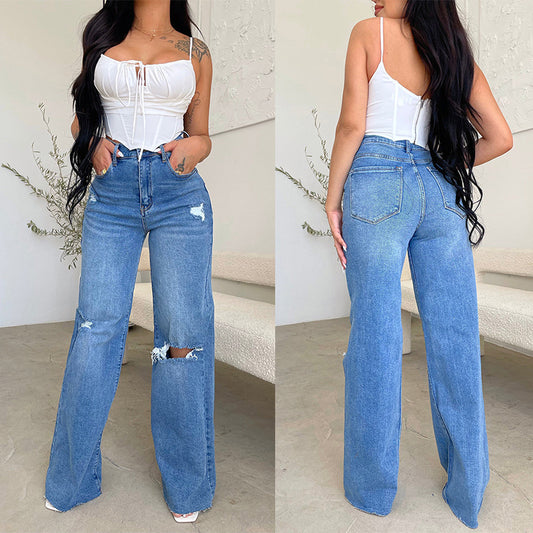 Fashion Holes Frayed Casual Pants - High Waist Denim Jeans