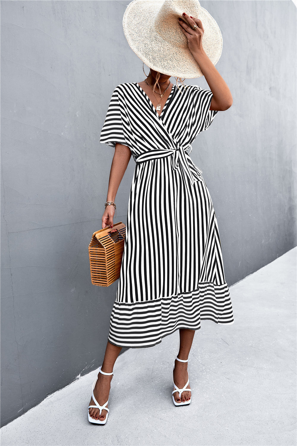 European & American Spring/Summer Cross V-Neck Lace-Up Striped Maxi Dress