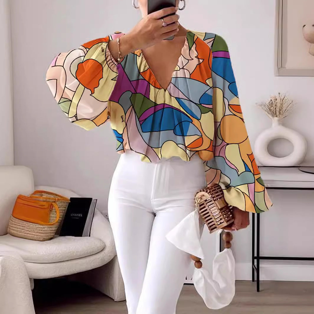 Women's Loose Fashion Printing V-Neck Long Sleeve Shirt