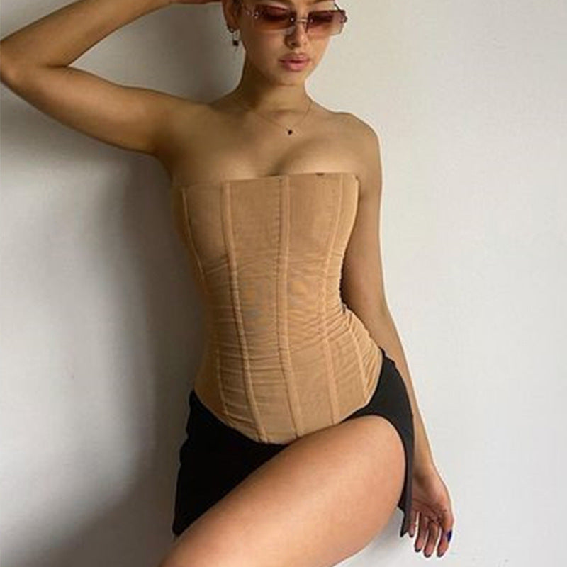 Skinny Sleeveless Tube Top for Women | Summer Mesh Crop Corset Tank