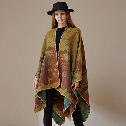 Women's Double-Sided Tassel Cloak Shawl – Classic Jacquard Graffiti Pattern, Hand-Painted Travel Cloak