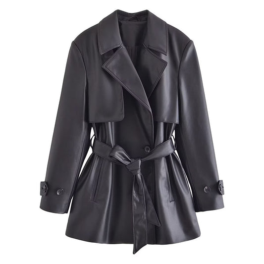 Women's Elegant Imitation Leather Short Trench Coat