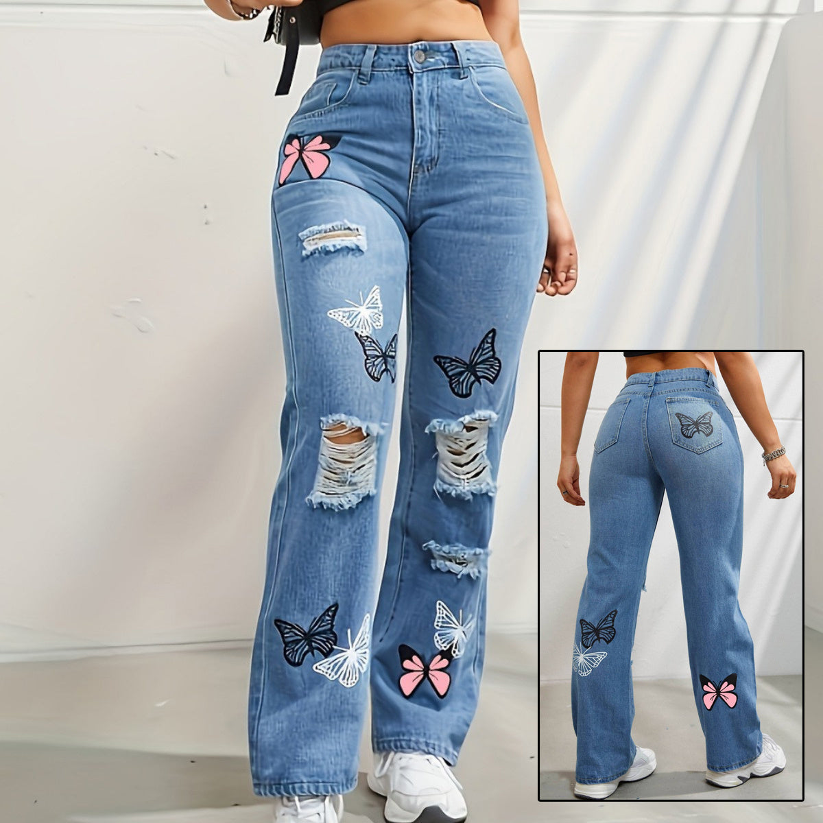 High Waisted Straight Leg Jeans for Women – Trendy Butterfly Print Ripped Distressed Denim Pants