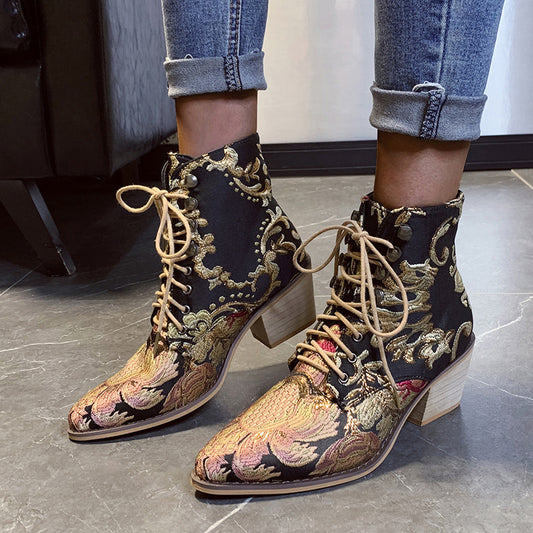 Product Information: Ethnic Embroidery High Heel Ankle Boots