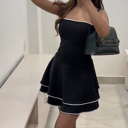 Black Sleeveless Tube Ruffle Skirt Mini Dress with White Edge