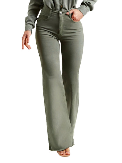 Slim Fit Stretch Flared Pants – Olive Green Micro Flare Denim - ChicVix